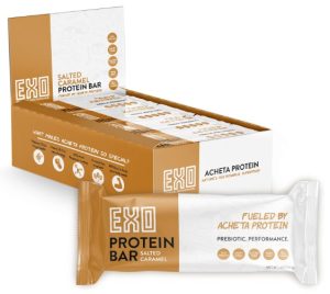 EXO Prebiotic Protein Bars, Salted Caramel Dairy Free, Gluten Free, Low Sugar 14g Protein, Sustainable, B12, Gut Heath, Non-GMO. Vegetarian, Paleo
