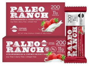PALEO RANCH Protein Skinny Bar, Cage-Free Egg White Protein, Grass-Fed Beef Collagen, Gluten Free, Soy Free, 1.62 Ounce, Strawberries & Crème, 9-count Protein Bars