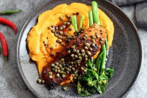 Whole30 Paleo Salmon Piccata with With Creamy Pureed Sweet Potatoes